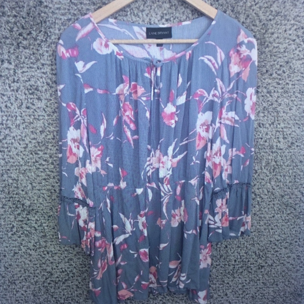 Lane Bryant Dusty Blue Floral Tunic with Pink & White Blooms